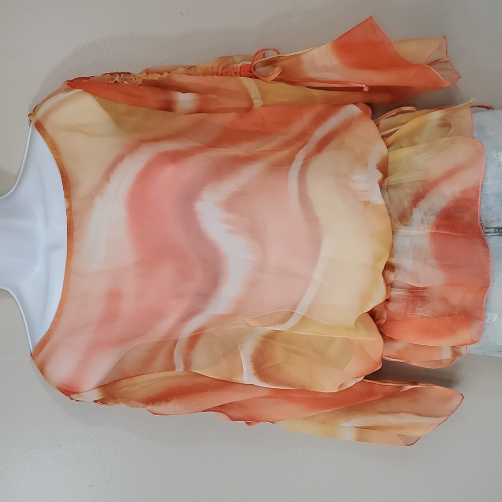 Touché Vintage Orange Sheer Blouse With Tie Waist And Cinched Sleeves